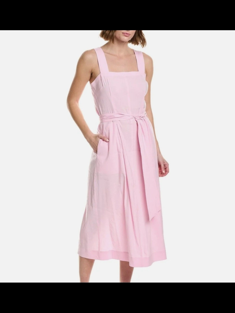 Vince Light Pink Square-Neck Midi Dress with Waist Tie